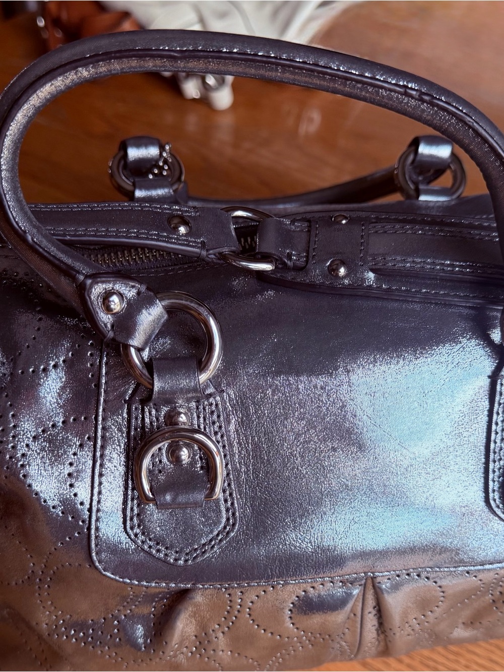 Coach Metallic Silver Perforated Sateen Satchel, LIMITED EDITION! - Picture 3 of 6